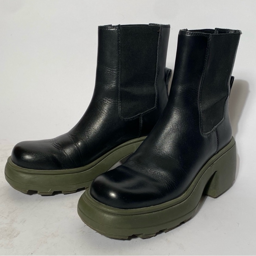 Zara Black Real Leather Chunky Green Lug Sole Ankle Boots! 39